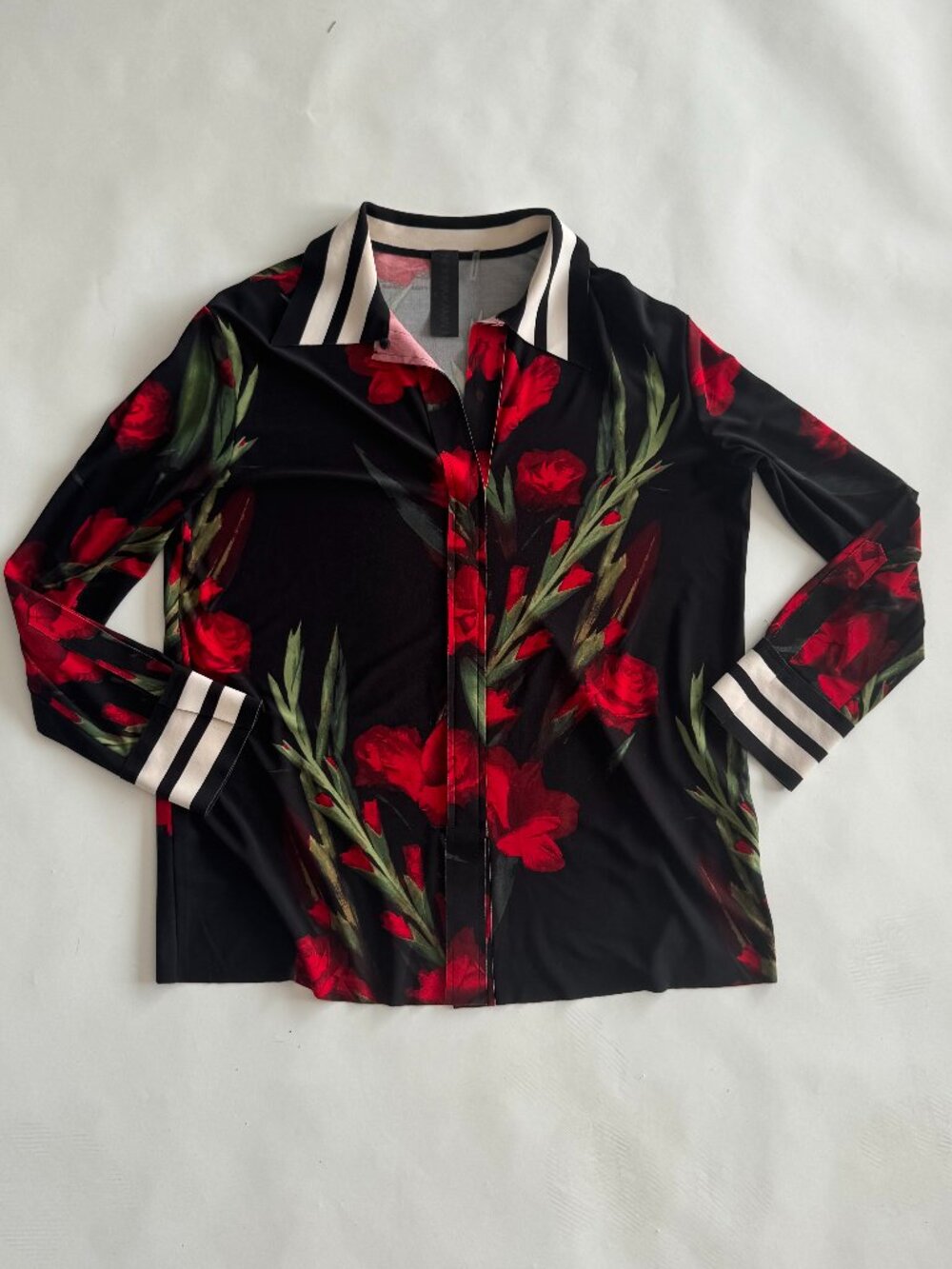 Norma Kamali Floral Print Stretch Blouse – Black & Red Statement Top